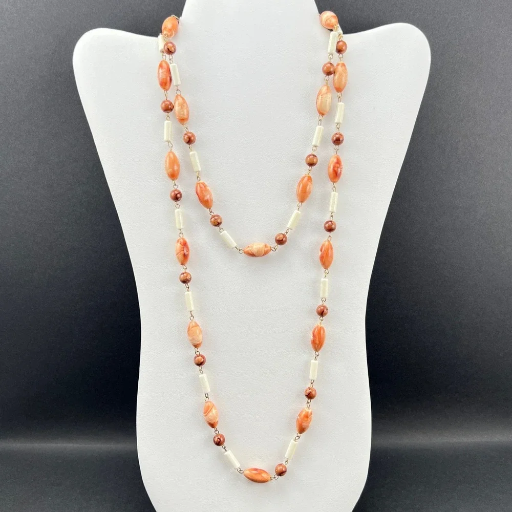 Vintage Beaded Necklace Cream Brown Marbled Acrylic Retro Long 45